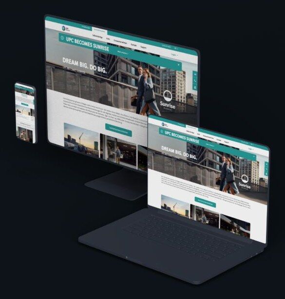 Mockup einer Website von UPC Business auf Bildschirm, Laptop und Smartphone